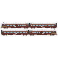 Auscision HO DEB Set Railcar, Indian Red with Black/Blue L7 - 4 Car Set (HPF958, TFR852, TB803, PF902)