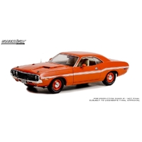 Greenlight 1/18 1970 Go Mango Dodge Challenger R/T  with White Stripes and Dog Dish Wheels Diecast