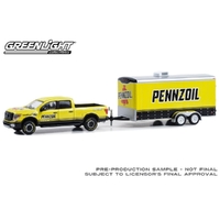 Greenlight 1/64 Pennzoil 2018 Nissan Titan XD Pro 4X w/Enclosed Trailer from Hitch & Tow Series 30 Diecast