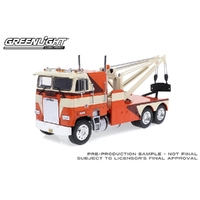 Greenlight 1/43 Orange with White and Brown 1984 Freightliner FLA 9664 Tow Truck Diecast